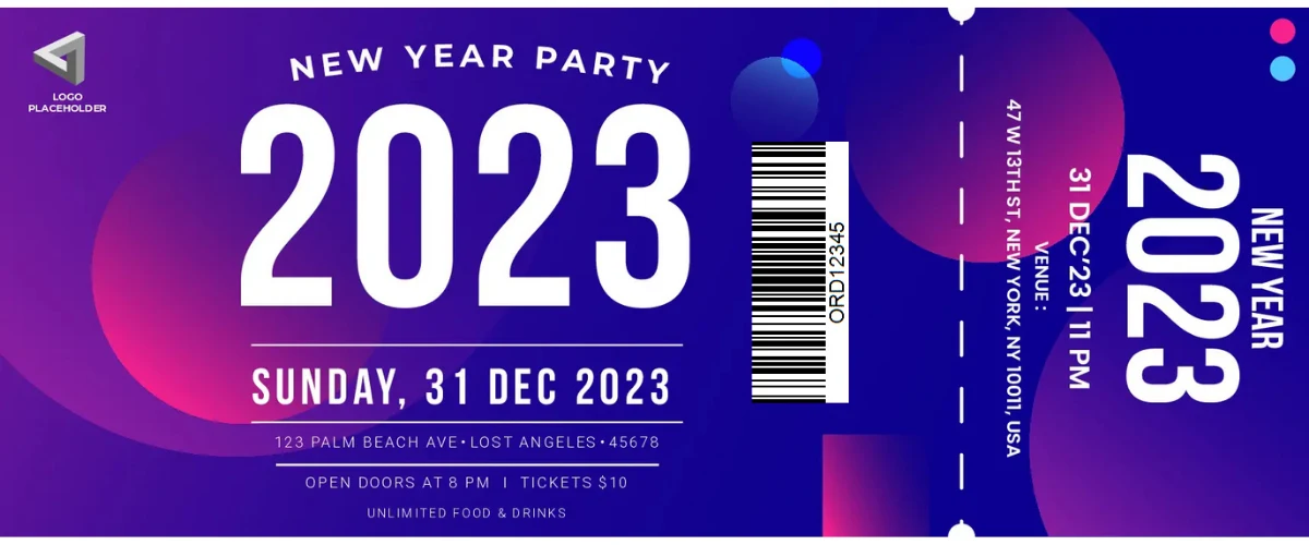Create Event Tickets with Barcode: vibrant New Year Party 2023 ticket mock-up displays large year text and Code-128 strip