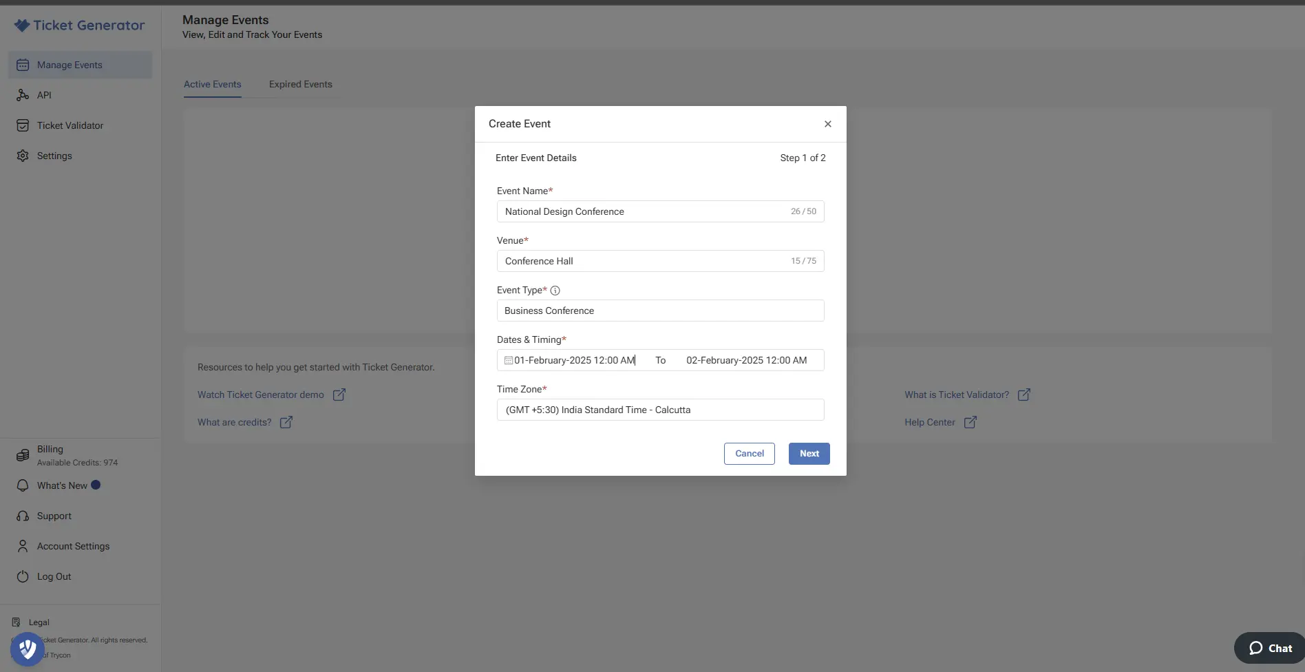 Interface of Ticket Generator showing event creation form with fields for event name, venue, date, and time zone