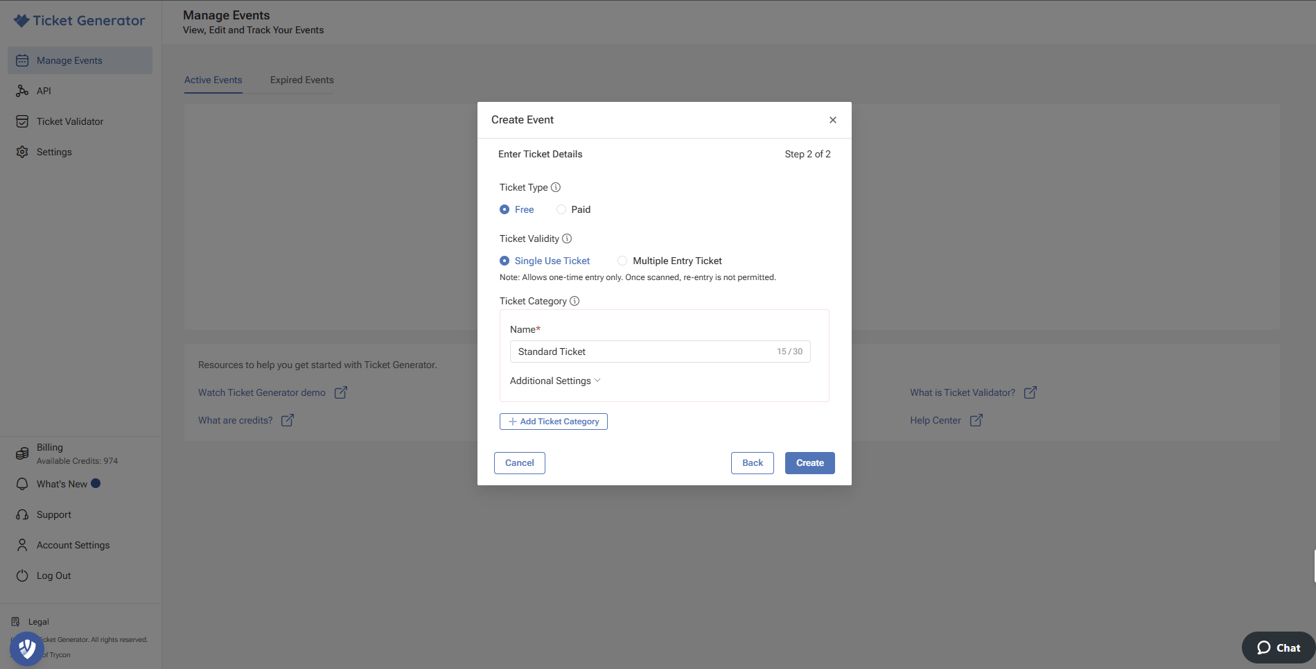 Ticket Generator's “Create Event” popup showing ticket type, validity, category fields, and a “Create” button.