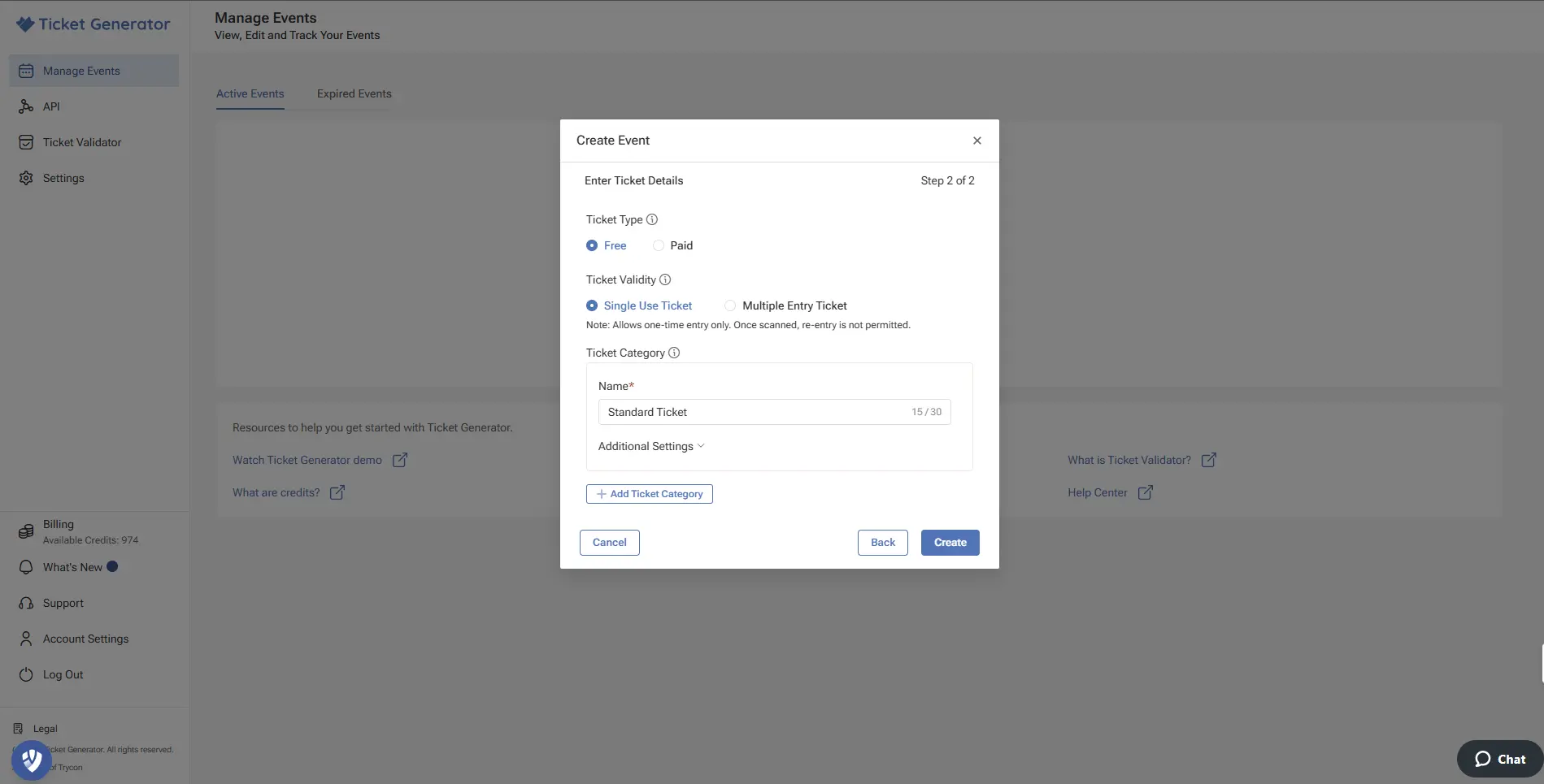 Step two of event creation in ticketing software showing ticket type, validity, and category options