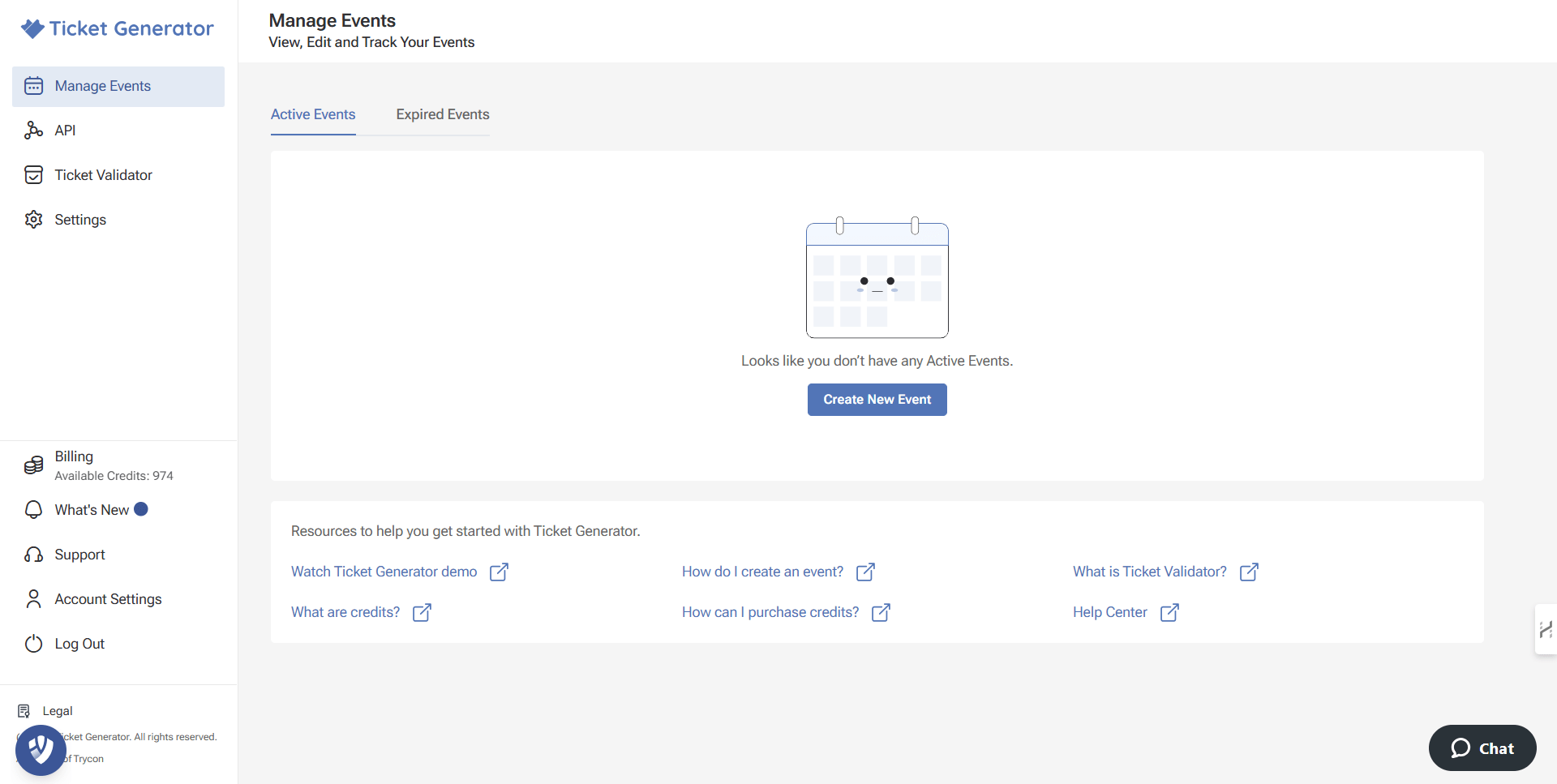 Ticket Generator Manage Events page showing no active events, a calendar icon, and a “Create New Event” button.