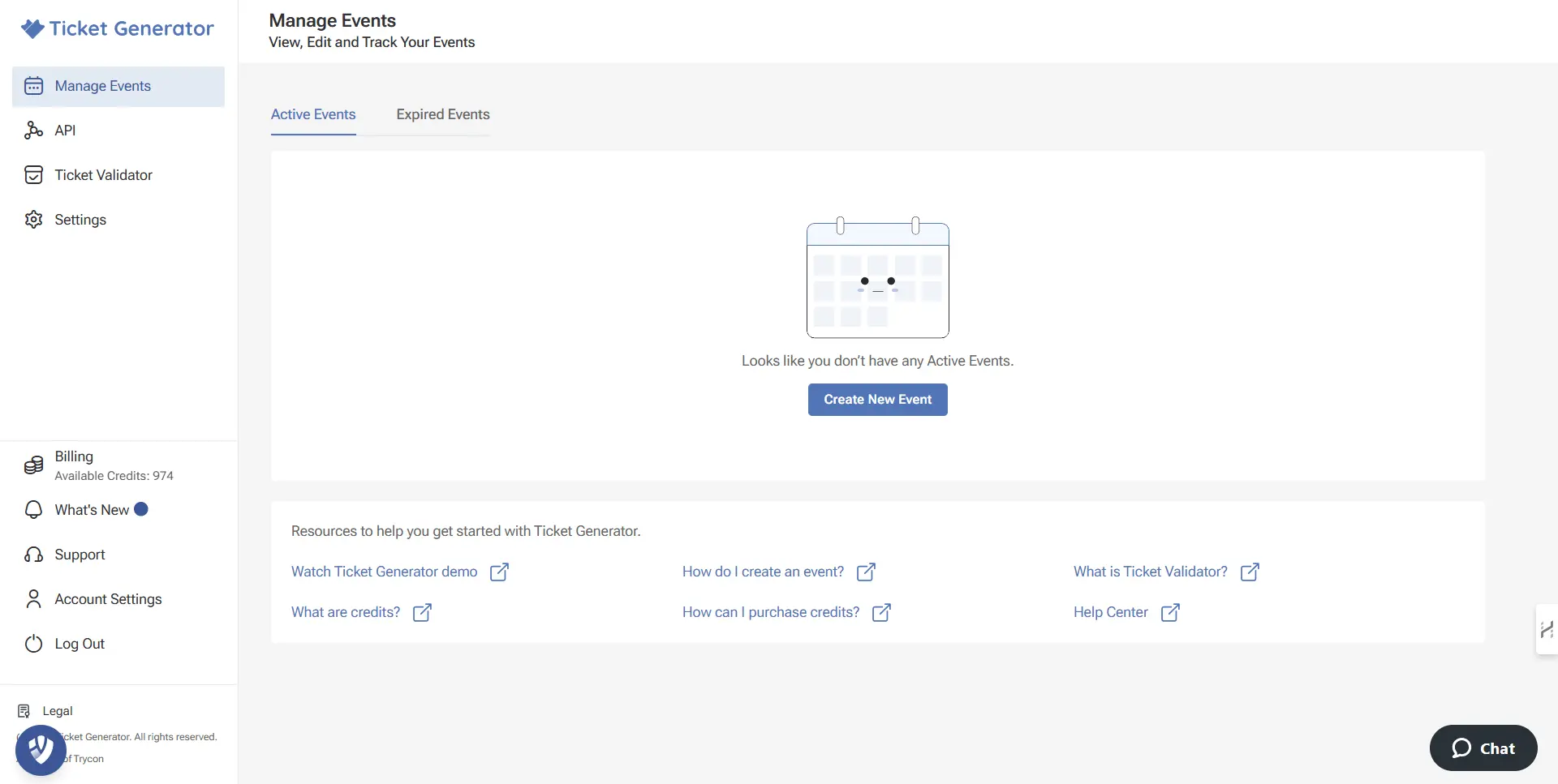 Ticketing platform's dashboard showing event management options with sections for active and expired events