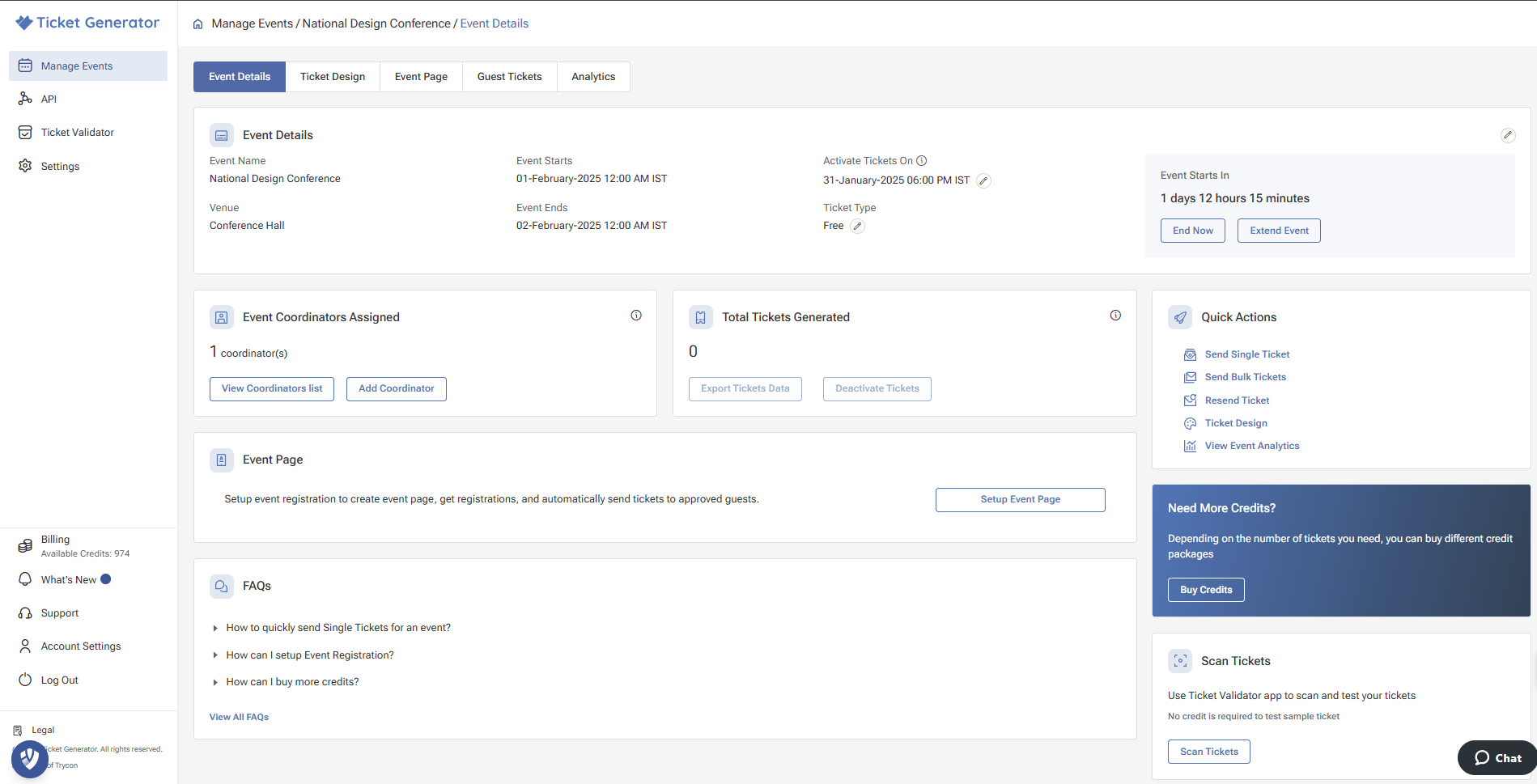 Ticket Generator event details page displaying event information, ticket status, coordinators, and quick actions.