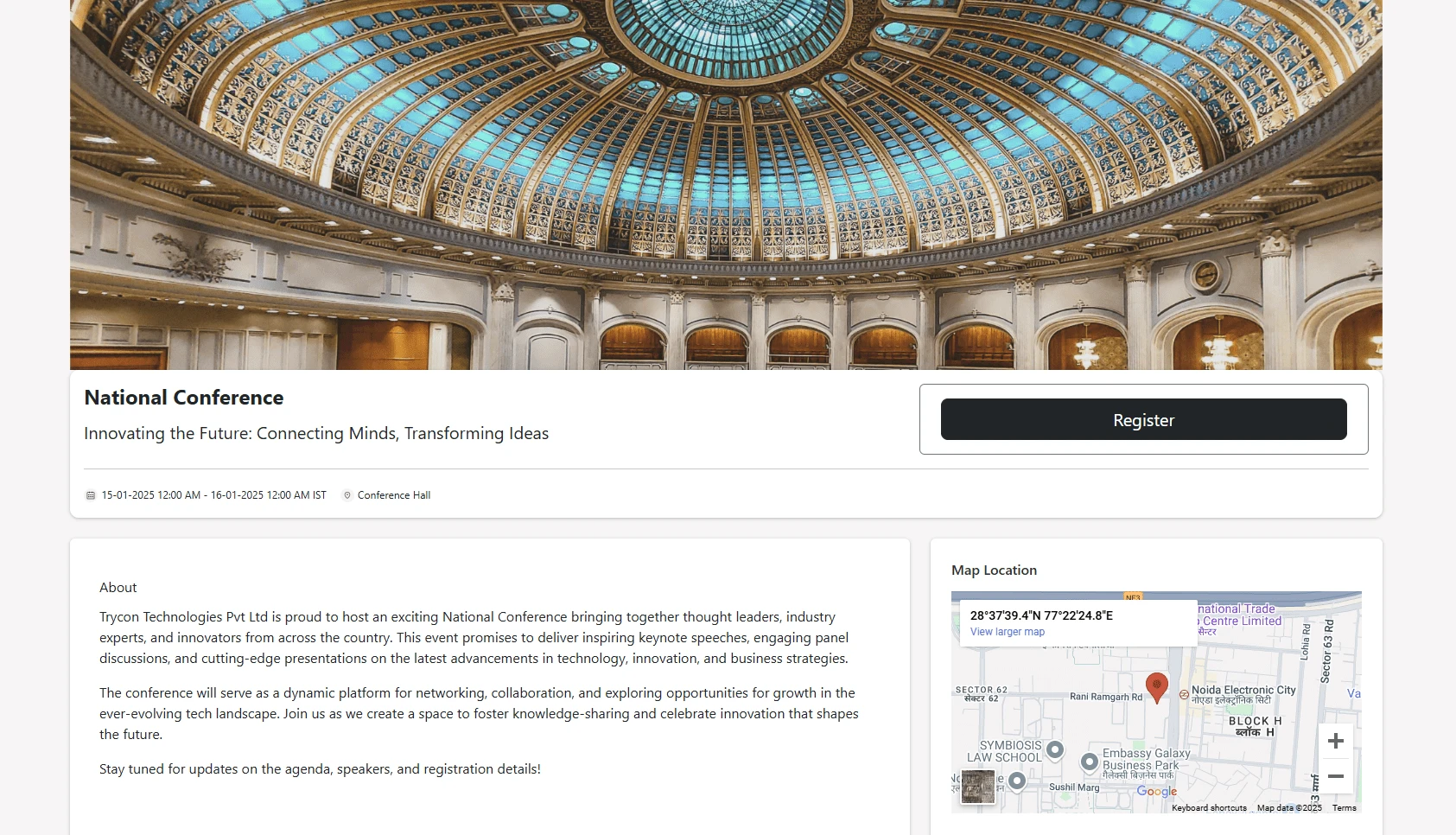 Preview of a published event page showing event info, schedule, venue, and registration button