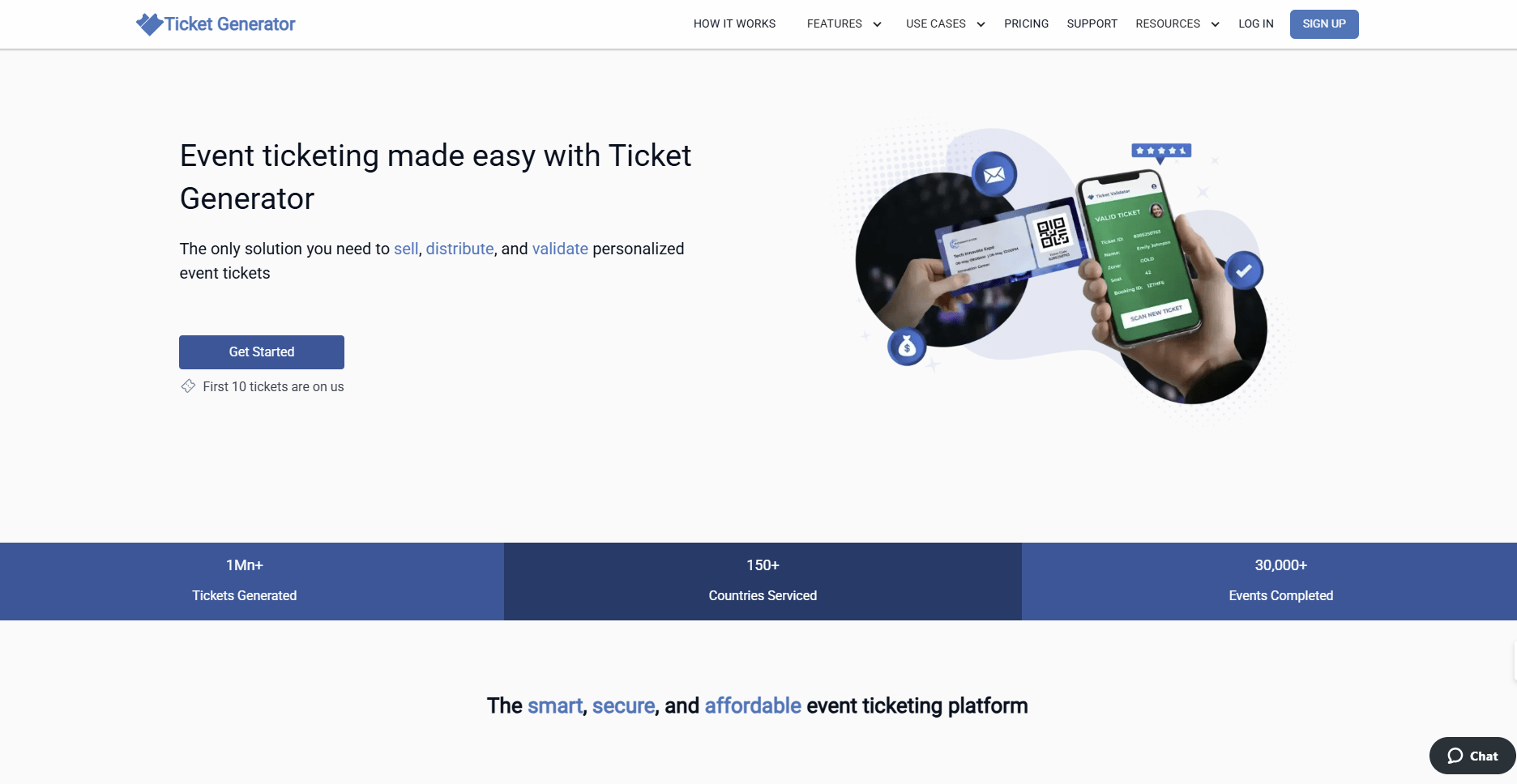 Ticket Generator homepage with “Event ticketing made easy” text, a phone scanning a QR code, and platform stats displayed below.