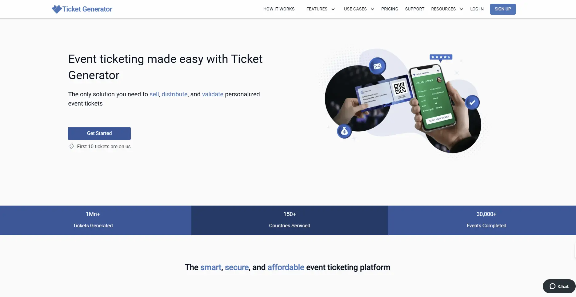Homepage of a ticketing system showing tools to sell, distribute, and validate digital event tickets