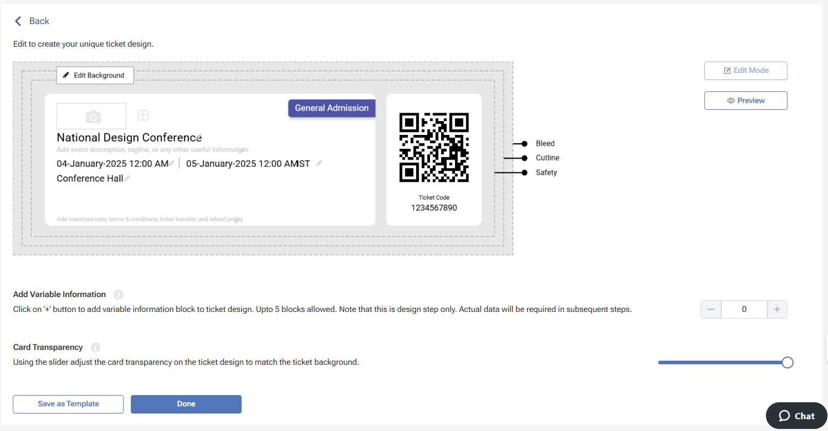 Ticket design editor with a sample ticket for National Design Conference, showing QR code, details, and customization options.