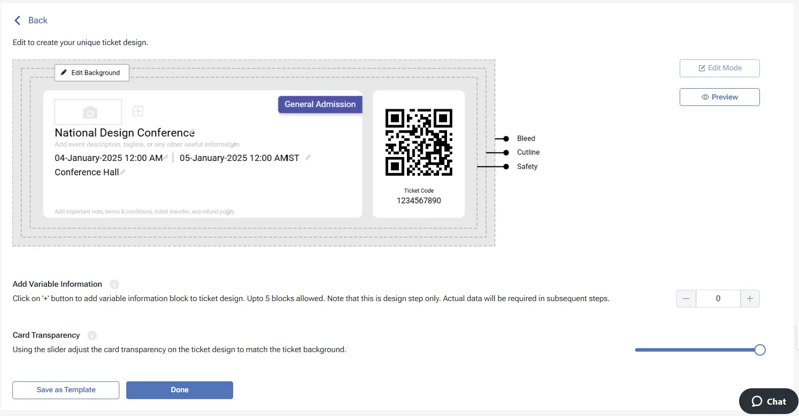 Interface showing how to make party tickets by customizing design, layout, and QR code in ticketing software