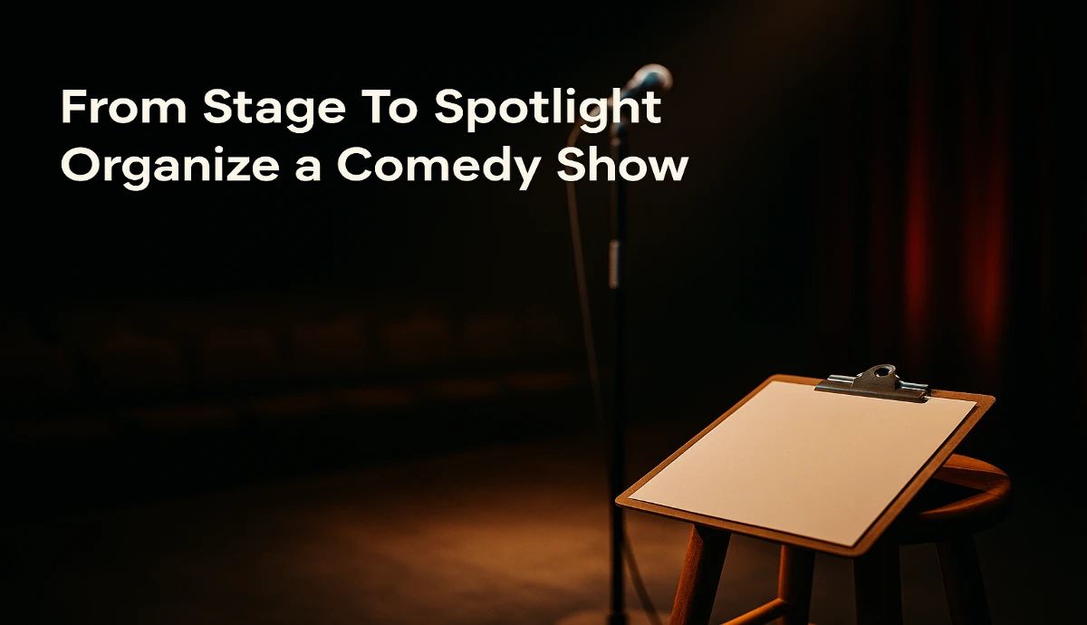 A comedy club stage with a microphone stand and a clipboard under a spotlight, illustrating how to organize a comedy show