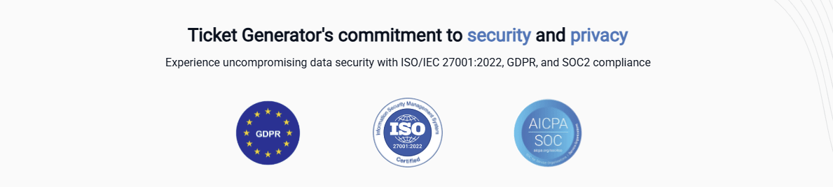 Ticketing software’s security compliance badges showcasing GDPR, ISO 27001:2022, and SOC 2 certifications