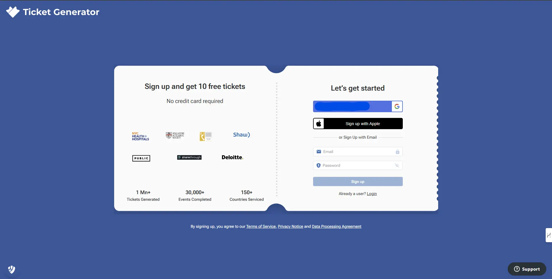Ticket Generator sign-up page offering 10 free tickets, with options to register using email or social logins