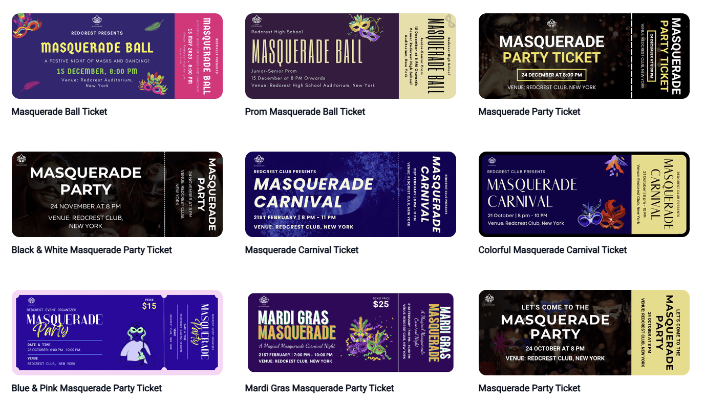 Masquerade party ticket templates showcasing printable customizable tickets