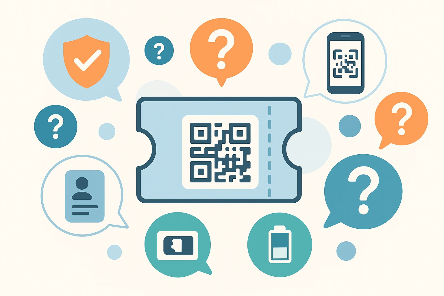 QR Code Ticket Generator ticket with surrounding question bubbles on security, ID, scanning, and battery icons.