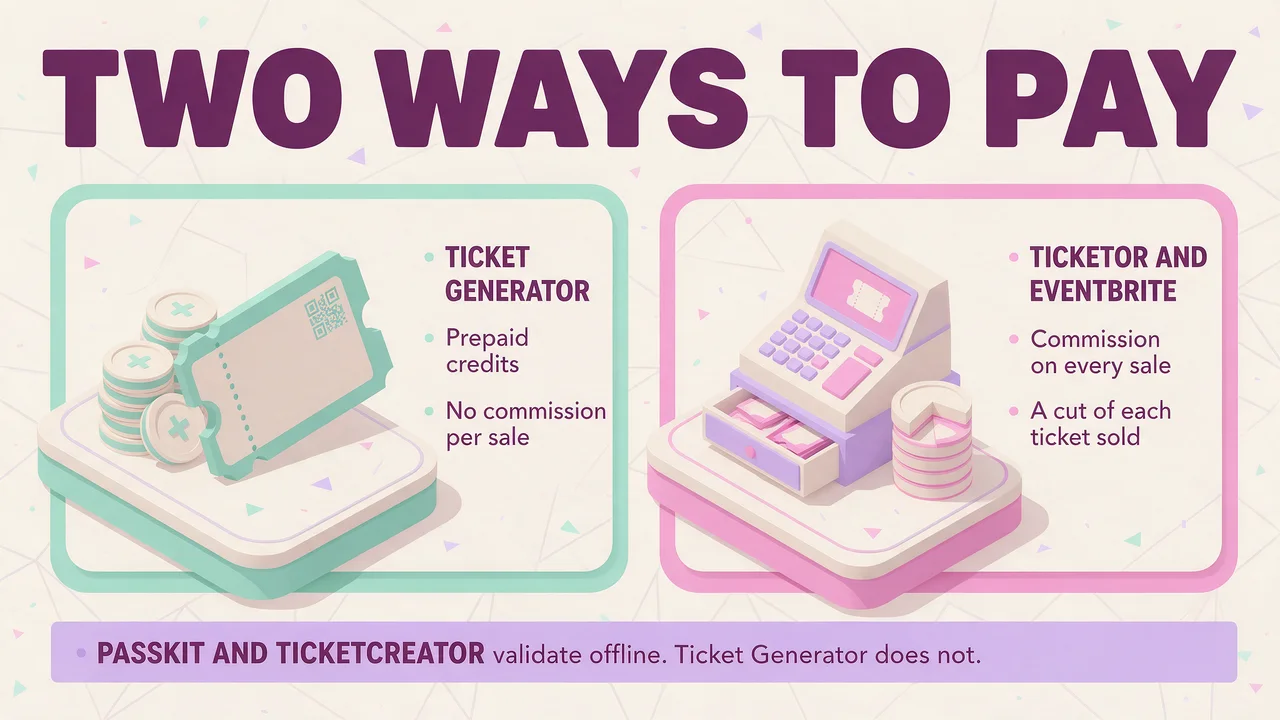 Comparison graphic contrasting Ticket Generator's prepaid credits with no commission against Ticketor and Eventbrite taking a commission on every sale.